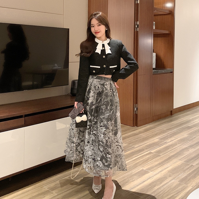 Organza black skirt autumn and winter 2022 new high-waist French A-line mid-length skirt